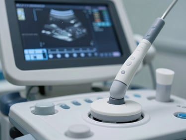 Macro close-up of a modern ultrasound transducer probe resting in its medical dock, with crisp digital screen interface glowing softly in the background, sharp focus, cool sterile tones.