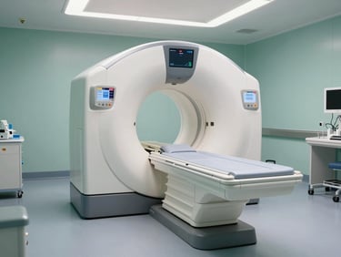 Wide environmental shot of a pristine, modern CT scan suite, clean lines, high-tech clinical scanner in the center, soft teal ambient illumination, reassuring and sterile atmosphere.