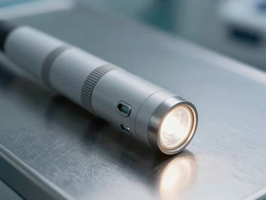 Macro detail of a sterile, state-of-the-art endoscope tip with its cold light source active, resting on a clean metallic surface, cool clinical lighting, pristine environment.