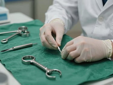 Primer plano de manos de un especialista con guantes quirúrgicos preparando instrumental de acero inoxidable sobre una bandeja estéril.