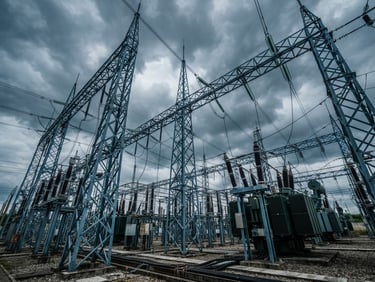 Low-angle environmental shot of a massive industrial electrical substation with heavy steel gantries and high-voltage transformers under a dramatic overcast sky, cool steel blue and slate tones, sharp focus, 35mm.