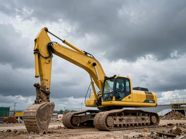 A heavy yellow excavator operating on an infrastructure site, low-angle power shot, dramatic overcast daylight.