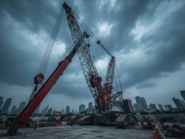 Low-angle wide shot of a massive industrial crawler crane against a dramatic overcast Jakarta sky, steel blue tones, sharp focus.