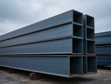 Raw structural steel beams stacked in an industrial shipyard, dramatic overcast light, cool steel blue tones.
