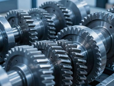 Close-up of high-precision industrial gears and machinery parts, cool steel blue tones, sharp focus.