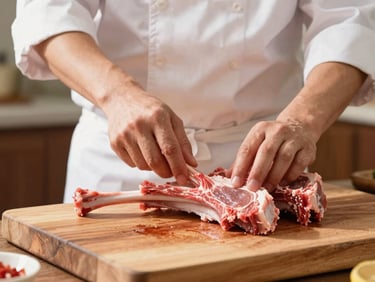 Medium close-up of a butcher expertly preparing fresh halal lamb chops on a clean wooden block, warm indoor lighting, 35mm