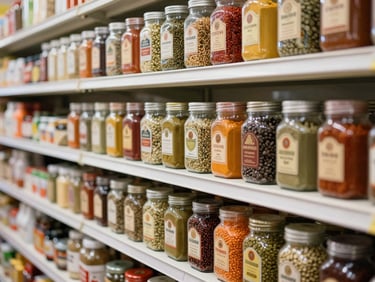 Neatly stacked shelves of colorful international spice jars, lentils, and traditional ingredients in a warm grocery aisle, 35mm