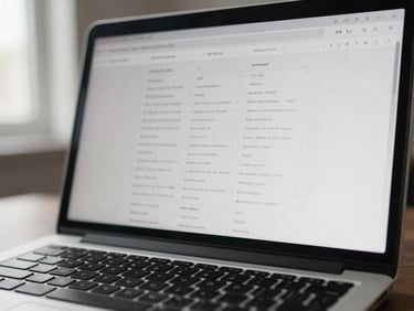 Close-up of a laptop screen displaying a clean, typographic website interface — sharp text rendering, precise grid alignment, natural overcast window light from the left side, shallow depth of field on the keyboard foreground