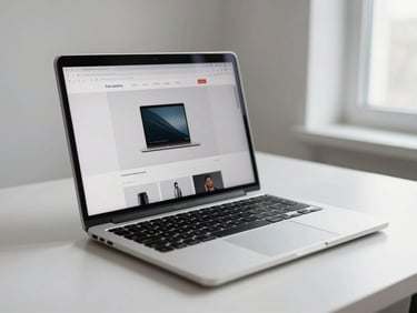 MacBook on a white desk displaying a fast-loading e-commerce product page — interface detail visible with crisp imagery, soft north window light from the right, minimal desk surface, no people