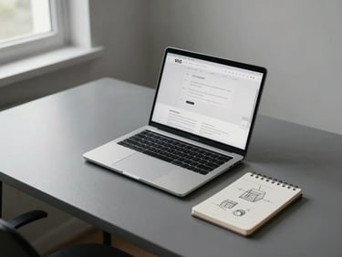 Wide environmental shot of a minimal studio desk from above — open MacBook showing a clean website interface, a small notepad with structural sketches beside it, soft north-facing daylight from a window on the left, no clutter, monochromatic surface tones