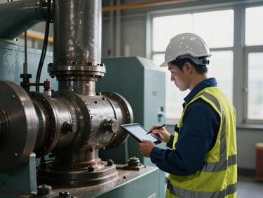 An engineer in high-visibility safety gear inspecting heavy industrial machinery with a digital tablet on-site, dramatic lighting, sharp focus