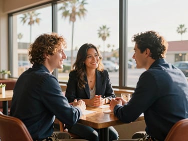A friendly, professional face-to-face meeting between two people at a wooden table in a bright, cozy café in South Bay San Diego, with soft palm trees visible through the window, warm terracotta and gold tones.