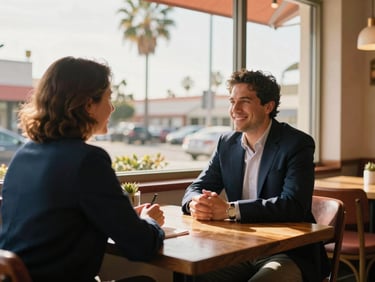 A friendly, professional face-to-face meeting between two people at a wooden table in a bright, cozy café in South Bay San Diego, with soft palm trees visible through the window, warm terracotta and gold tones.