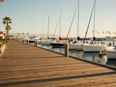 Warm, sun-drenched photography of a peaceful marina boardwalk in Chula Vista with sailboats in the background, soft Pacific coast afternoon lighting, welcoming and serene atmosphere.