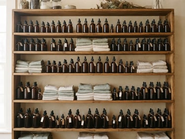 Straight-on view of clean wooden apothecary shelves holding amber glass tincture bottles and neatly stacked linen, soft daylight, 35mm lens