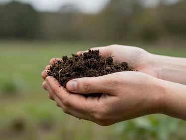 Close-up of rich Berkshire soil being held gently in hands, tactile details, soft natural overcast daylight, warm earth tones