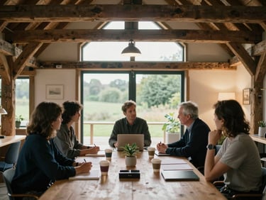 A strategic meeting inside a beautifully converted barn office, rustic wooden beams, soft warm indoor lamplight, 35mm photography