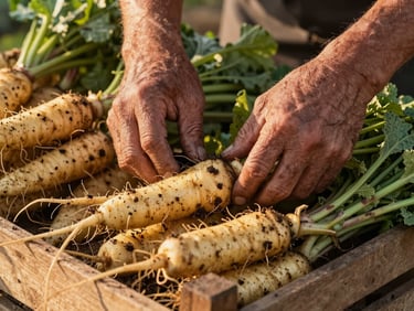 Close-up of weathered hands sorting freshly harvested root vegetables on a wooden crate at a farm stand, soft golden hour side light, soil still visible on the produce