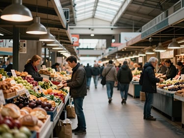 Wide environmental shot of a busy indoor food market floor — vendor stalls with produce and bread in the foreground, overhead pendant lights casting warm pools, patrons browsing in soft natural light from skylights