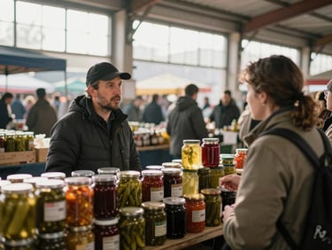Wide environmental photograph inside a busy Saturday market: a vendor at a preserved-goods stall speaking to a customer, jars of pickles and relishes catching the light behind them, warm daylight from large market windows, candid unposed framing from a slight distance