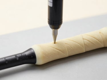Close-up of a high-density polyurethane grip being molded onto a racquet handle, precision tools on a clean gray workbench