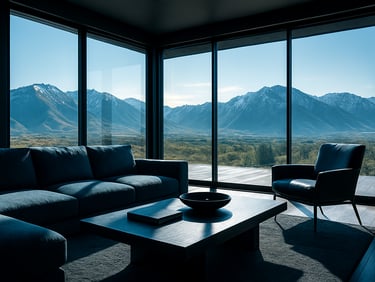 Sun-drenched modern home interior with floor-to-ceiling tinted glass windows overlooking the Wasatch range, bright natural sunlight, cool interior temperature.
