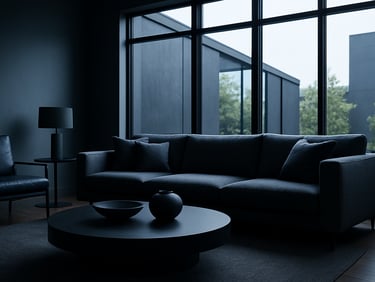 Sleek modern Riverton living room with large architectural windows, soft balanced light, showing cool comfortable interior space