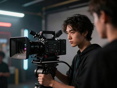 Close-up of a talent (model) being filmed with a cinema camera rig in a high-contrast studio, framed for a vertical 9:16 aspect ratio, dramatic directional key light.