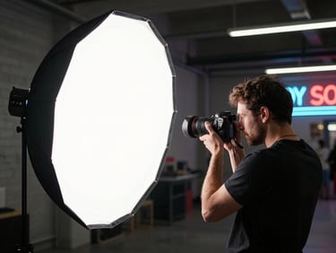 Behind-the-scenes shot of a photographer using a Canon R5 with a large softbox in an urban loft studio, capturing a product, sharp focus, high-contrast lighting.