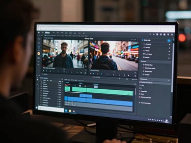 Over-the-shoulder shot of an editor's screen showing a Meta Ads campaign dashboard with video creatives, high-contrast, professional editing suite aesthetic.