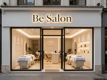 Modern retail storefront of Be Salon in San Juan, elegant interior lighting, clean minimalist design.