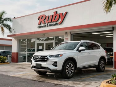 Ruby Car Wash & Detailing facility in Puerto Rico, clean professional setup, high-end vehicle being detailed under soft daylight.