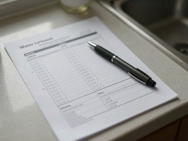 Overhead close-up of a printed water test report on a kitchen counter showing two columns of TDS readings labelled before and after, a pen resting beside it, soft natural window light, no faces visible