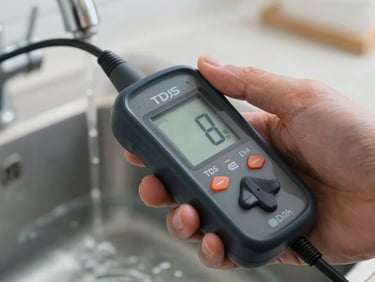 Extreme close-up of a technician's hand holding a digital TDS meter probe submerged in tap water, meter display showing a three-digit reading, kitchen sink background slightly out of focus, soft overhead light, sharp focus on the meter digits