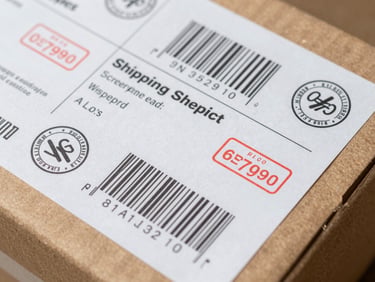 Close-up of shipping labels and customs seals on a cardboard carton, overhead flat daylight, sharp detail of barcode and origin stamp, clean white surface
