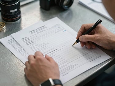 Hands reviewing printed customs declaration forms on a metal desk under north-facing daylight, official stamps visible, precise detail of regulatory paperwork