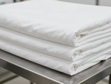 Macro shot of perfectly aligned, crisp white hotel sheets stacked on an industrial stainless steel table, cool natural light
