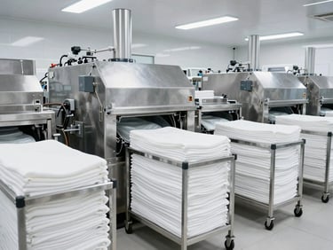Wide-angle crisp photography of an industrial laundry plant, bright cool lighting, stainless steel machinery, perfectly stacked white linens on steel carts.