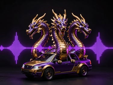 Stylized illustration of the three-headed HOV dragon with sound waves emanating, metallic gold accents against a dark background, high-contrast low-key lighting.