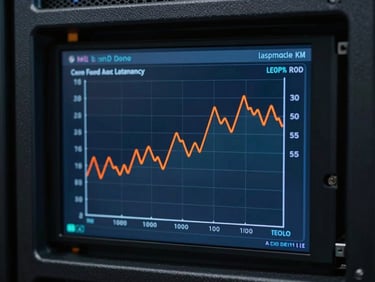 A close-up of a server latency graph showing response times in milliseconds, clean vector UI with deep blue and orange lines