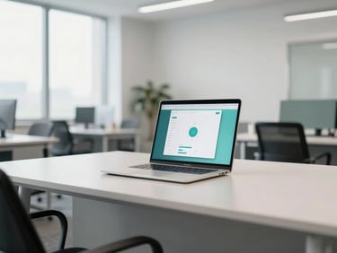 Wide panoramic shot of a modern brightly lit office workspace, a clean desk with a laptop displaying a portal interface, soft teal accents, natural daylight, shallow depth of field