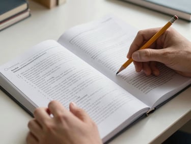 Close-up of hands turning pages of a French workbook on a light desk surface, a pencil resting across the open spread, diffused natural daylight from the side