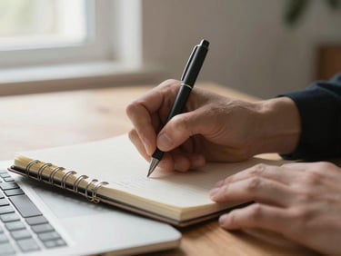 Close-up of hands writing notes in a lined notebook beside a laptop keyboard on a wooden desk, morning window light diffused, no faces visible