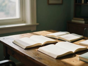 A quiet, sunlit study room with high-contrast shadows, a large wooden table with open books and notebooks, warm editorial photography, 35mm.