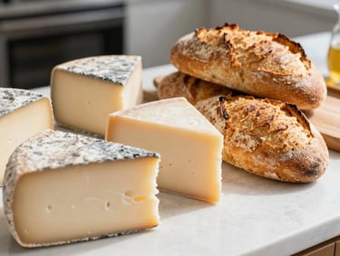 Close-up of artisanal cheeses and freshly baked sourdough bread on a clean counter