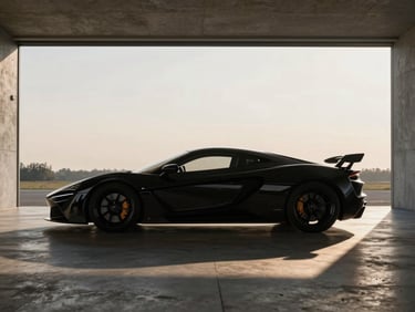 A sleek black modern hypercar silhouette parked inside a minimalist concrete hangar, dramatic twilight light streaming from the side, shadows cast across the floor.
