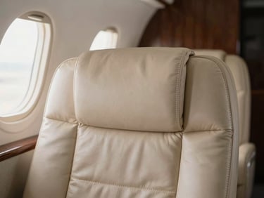 Macro shot of hand-stitched champagne leather seating inside a private jet cabin, soft natural side lighting, shallow depth of field.