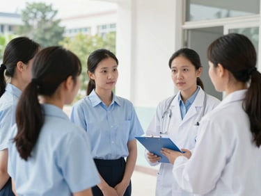 Diverse female student in uniform, observing a community health worker during a home visit in a rural setting, bright natural daylight, clean editorial photography, crisp cool tones, medium shot.