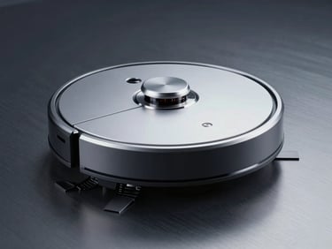 Sleek robotic cleaner on a dark brushed metal surface, cool crisp studio lighting, sharp macro detail of laser navigation sensor, metallic silver highlights