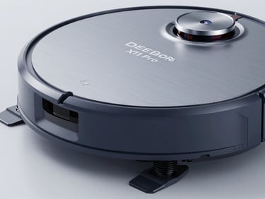 Macro shot of DEEBOT X11 Pro Omni with brushed metal casing, showing the heavy-duty four-wheel climbing suspension, cool crisp studio lighting